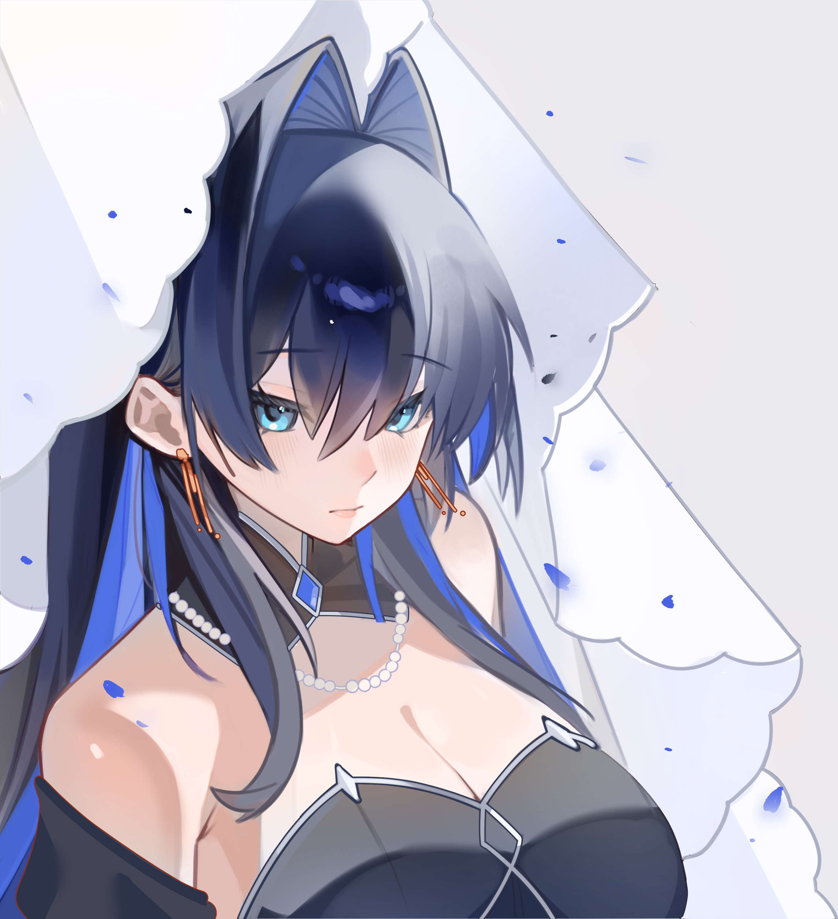 cowtzzy, ouro kronii, hololive, hololive english, absurdres, highres, 1girl, black collar, blue eyes, blue hair, breasts, cleavage, collar, detached collar, earrings, hair intakes, jewelry, large breasts, solo, upper body, virtual youtuber