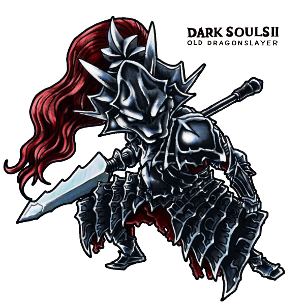 mayumo, old dragonslayer (dark souls), dark souls (series), dark souls ii, commentary request, 1boy, armor, armored boots, boots, breastplate, character name, copyright name, faulds, full body, helm, helmet, holding, holding polearm, holding weapon, looking at viewer, male focus, pauldrons, polearm, shoulder armor, simple background, solo, spear, weapon, white background