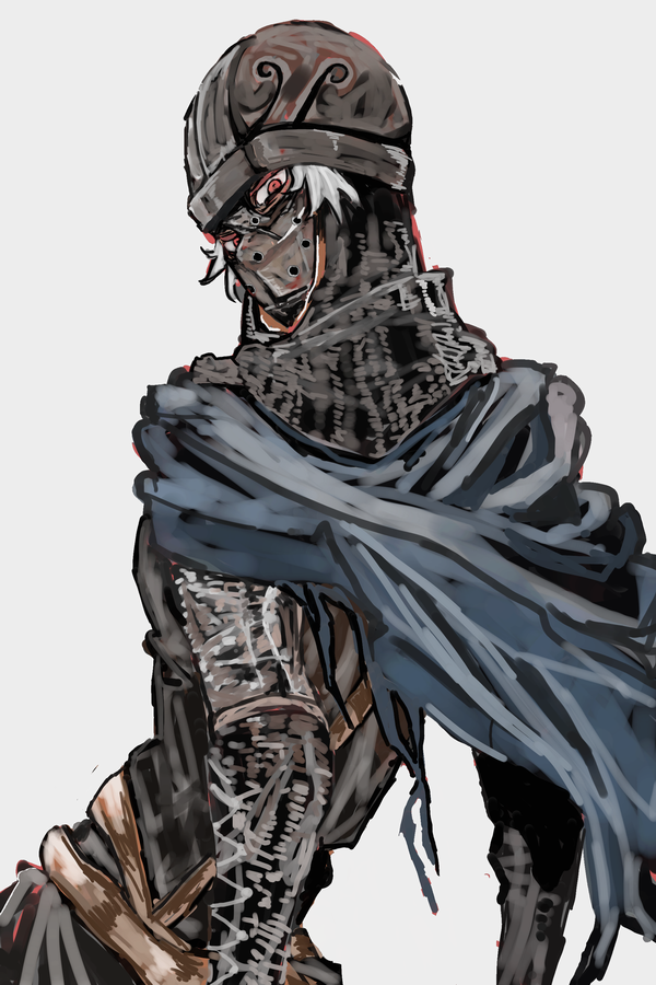 umeyama (toma23), creighton of mirrah, dark souls (series), dark souls ii, commentary request, 1boy, armor, blue cape, cape, chainmail, from behind, helmet, looking at viewer, looking back, male focus, masked, red eyes, short hair, simple background, solo, upper body, white background, white hair