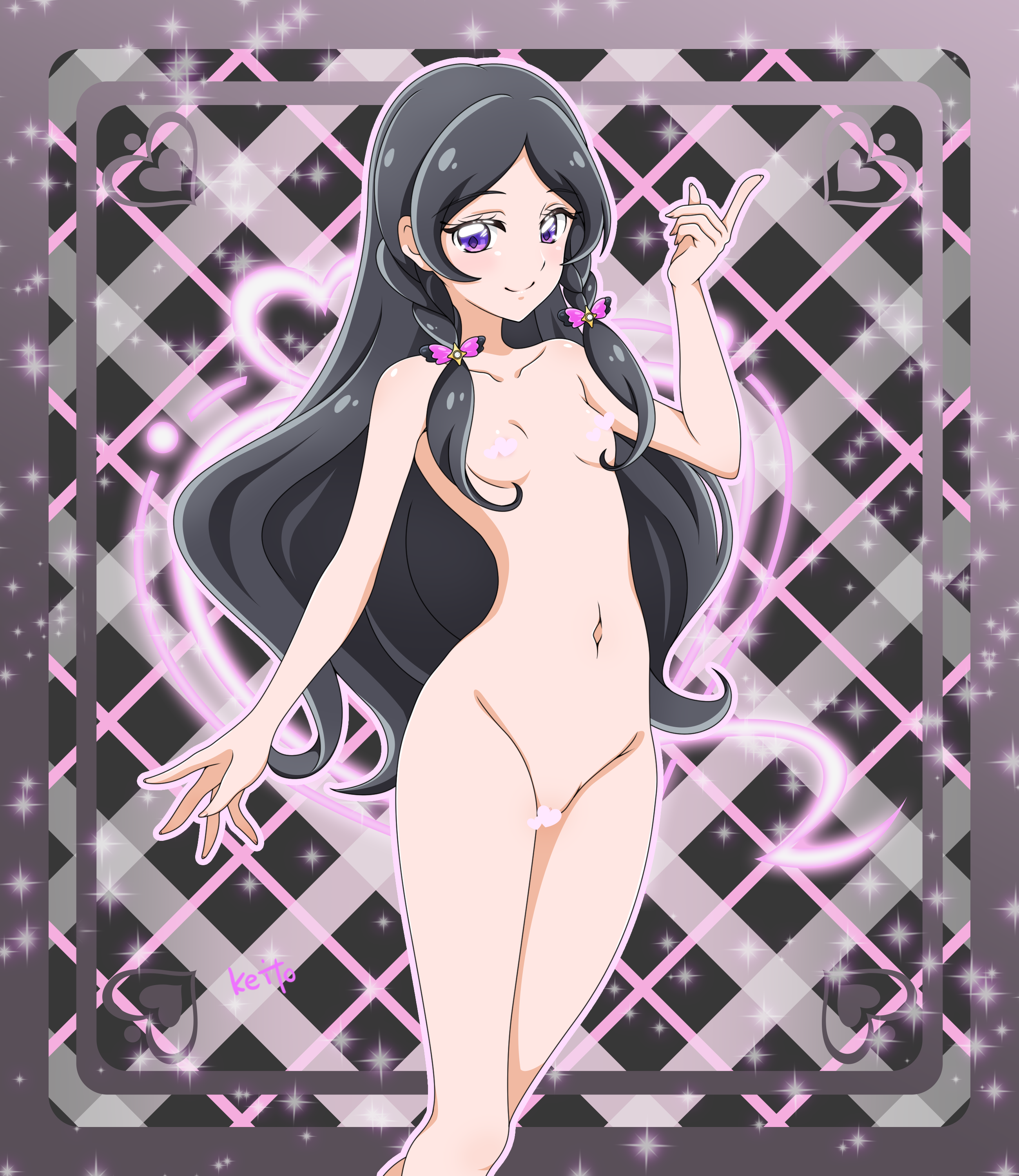 sakuragawa3710, meroron (precure), kimi to idol precure, precure, absurdres, commentary, highres, 1girl, anime coloring, artist name, black background, black border, black hair, border, braid, censored, censored nipples, closed mouth, collarbone, completely nude, curled fingers, diamond-shaped pupils, diamond (shape), feet out of frame, fingernails, flat chest, gingham background, hair ornament, hair ribbon, hand up, heart, heart background, heart censor, index finger raised, legs together, light blush, long hair, looking at viewer, low twin braids, meroron (civilian) (precure), navel, nude, outline, outside border, parted bangs, pink ribbon, purple eyes, purple outline, pussy, ribbon, smile, solo, sparkle, sparkle background, split mouth, spread fingers, standing, symbol-shaped pupils, twin braids, very long hair