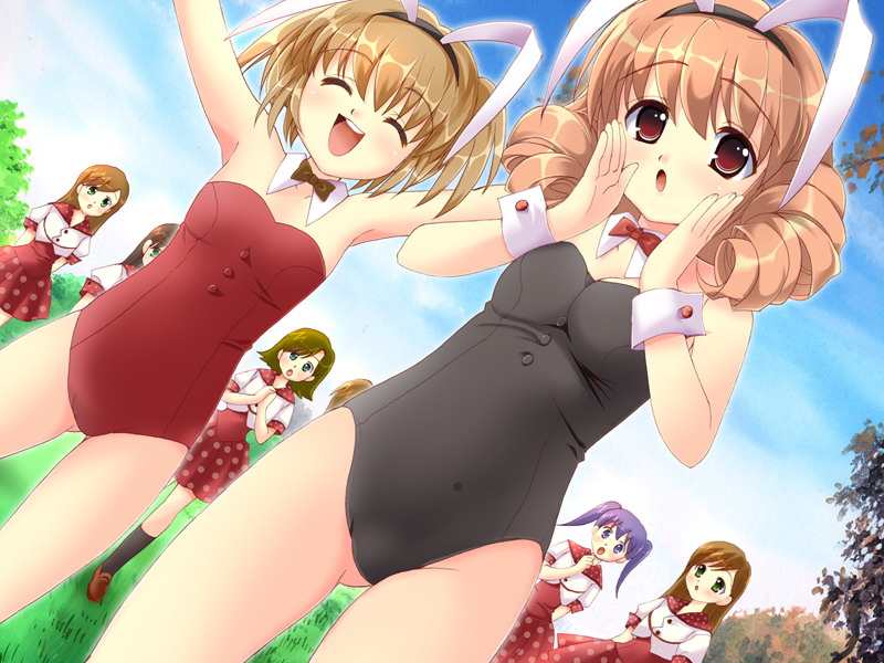 6+girls, animal ears, breasts, cleavage, dress, female focus, flat chest, multiple girls, nature, outdoors, plant, playboy bunny, school uniform, serafuku, sky, smile
