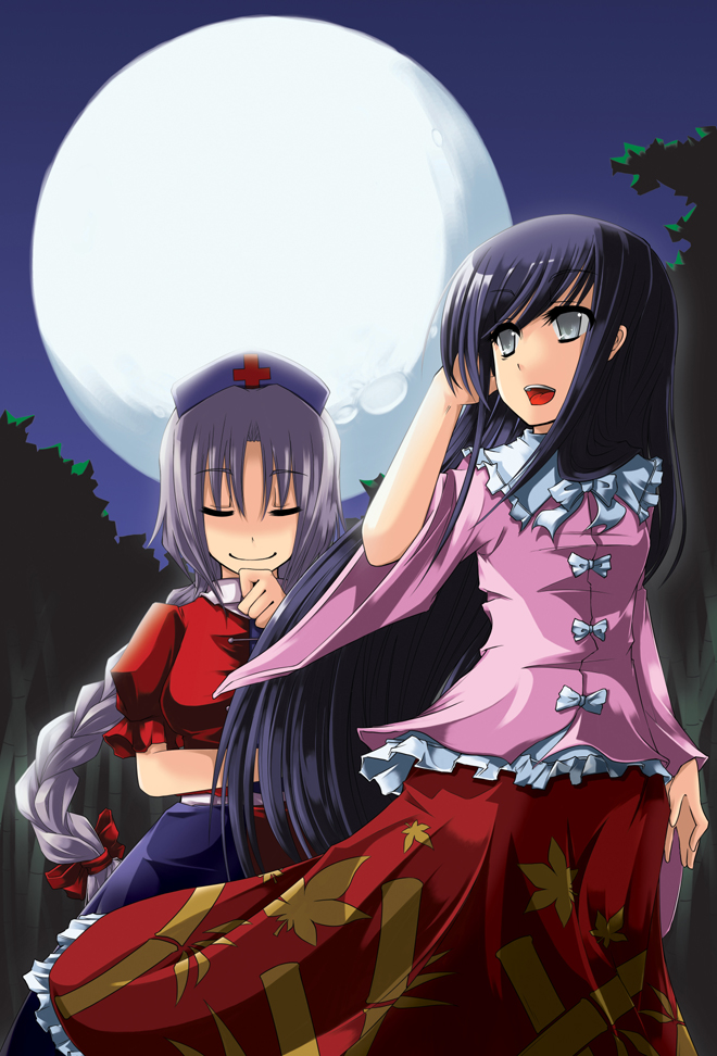 jinkou no kuma, kumata, houraisan kaguya, yagokoro eirin, touhou, 2girls, female focus, moon, multiple girls, night