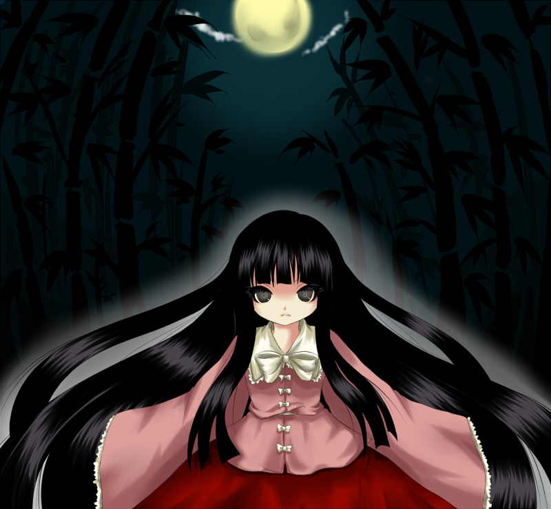 zozzy, houraisan kaguya, touhou, bad id, bad pixiv id, 1girl, cloud, female focus, moon, night, outdoors, plant, sky, solo, standing, tree