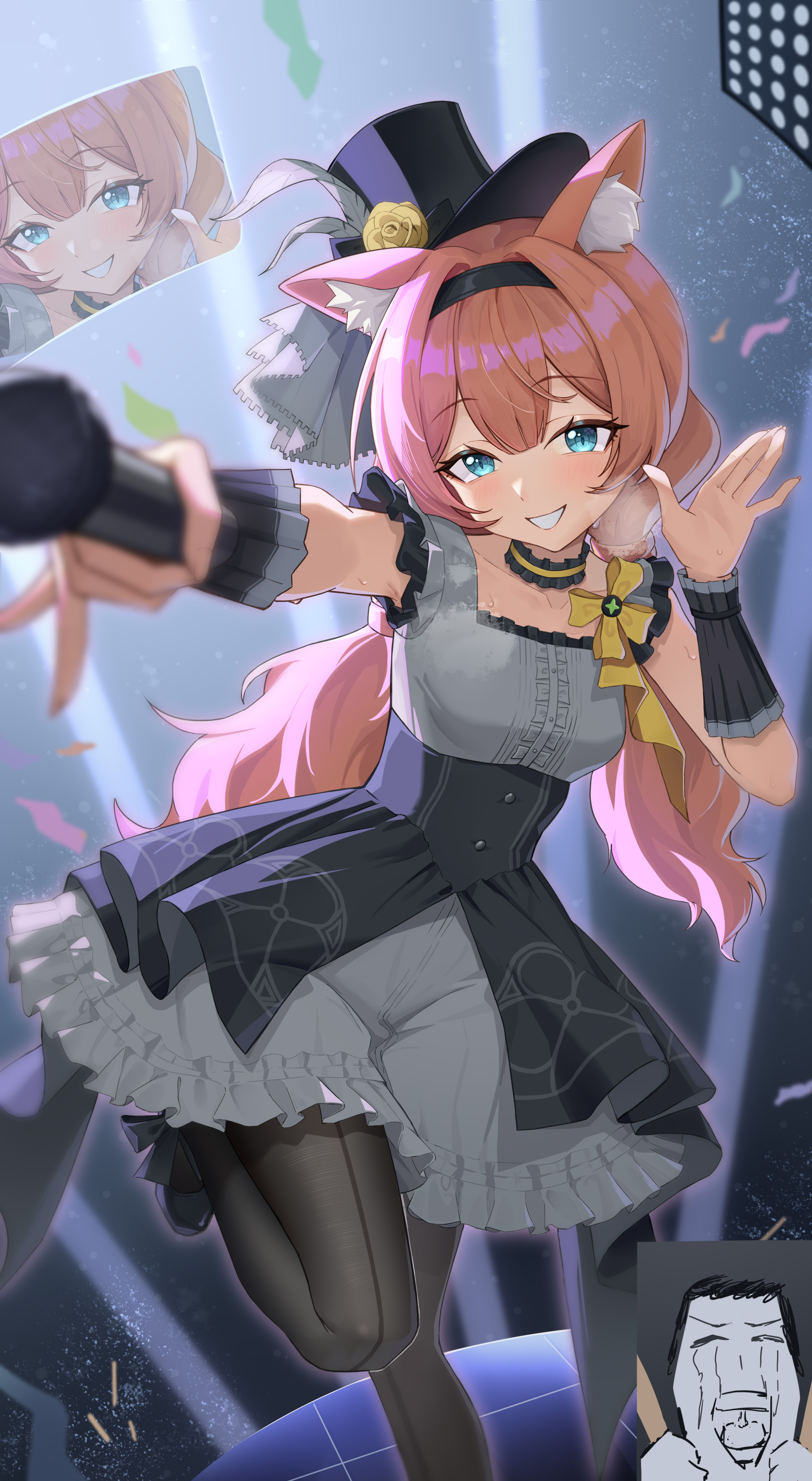 huahu (unstoppable), doodle sensei (blue archive), mari (blue archive), mari (idol) (blue archive), sensei (blue archive), blue archive, absurdres, commentary request, highres, 1boy, 1girl, animal ear fluff, animal ears, armpits, backlighting, black pantyhose, black shoes, blue eyes, blurry, buttons, cat ears, cat girl, choker, collarbone, concert, confetti, dancing, depth of field, fan screaming at madison beer (meme), frilled choker, frills, glowstick, hair between eyes, hairband, hat, head tilt, high heels, holding, holding glowstick, holding microphone, long hair, looking at viewer, low twintails, meme, microphone, mini hat, mini top hat, official alternate costume, official alternate hairstyle, orange hair, pantyhose, shoes, sidelocks, spotlight, standing, standing on one leg, top hat, twintails, waving, wireless microphone, wrist cuffs