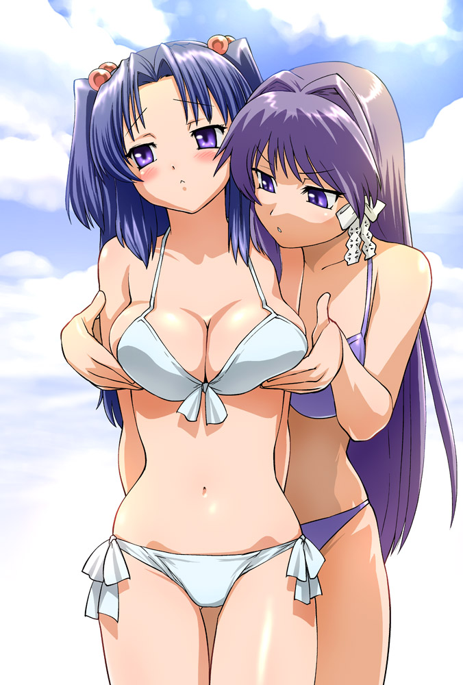 ueyama michirou, fujibayashi kyou, ichinose kotomi, clannad, looking away, 00s, 2girls, :<, arms behind back, bikini, blue hair, blush, breast envy, breast lift, breasts, cleavage, day, front-tie top, grabbing another's breast, groping, hair bobbles, hair intakes, hair ornament, large breasts, long hair, looking at breasts, lowleg, lowleg bikini, medium breasts, multiple girls, navel, purple bikini, purple eyes, purple hair, short hair, side-tie bikini bottom, swimsuit, two side up, white bikini