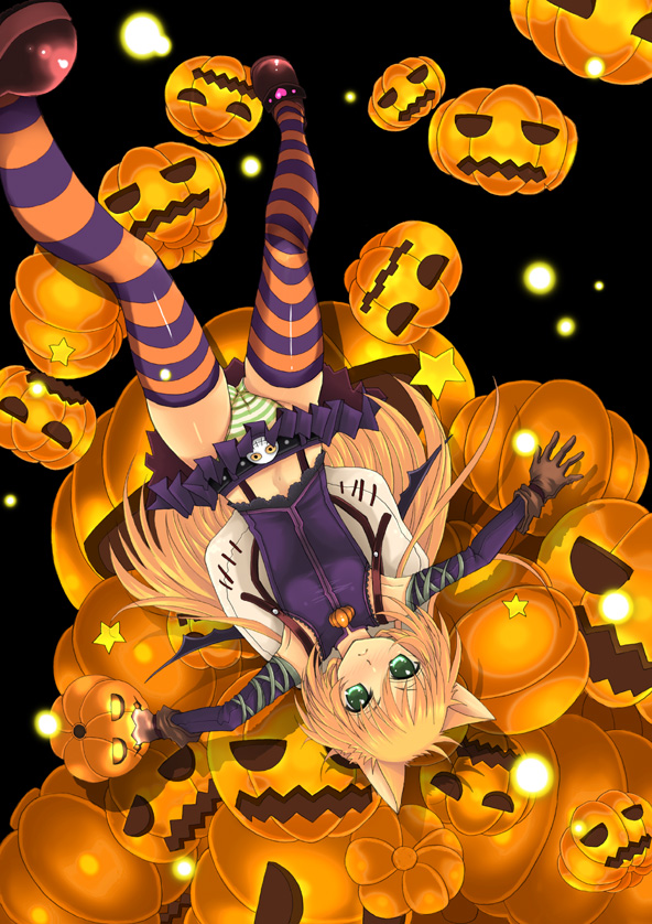 sakurai unan, original, 1girl, animal ears, black background, blonde hair, cat ears, elbow gloves, female focus, gloves, green eyes, halloween, jack-o'-lantern, long hair, orange hair, panties, pumpkin, shoes, short hair, solo, striped clothes, striped panties, striped thighhighs, thighhighs, underwear, upside-down