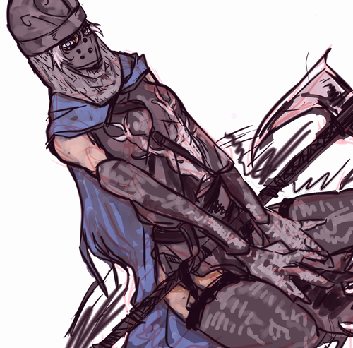 umeyama (toma23), creighton of mirrah, dark souls (series), dark souls ii, commentary request, lowres, 1girl, armor, axe, blue cape, blue eyes, boobplate, breastplate, cape, dutch angle, elbow gloves, full body, garter straps, genderswap, genderswap (mtf), gloves, grey gloves, grey thighhighs, helm, helmet, holding, holding axe, looking at viewer, masked, seiza, short hair, simple background, sitting, solo, thighhighs, white background, white hair