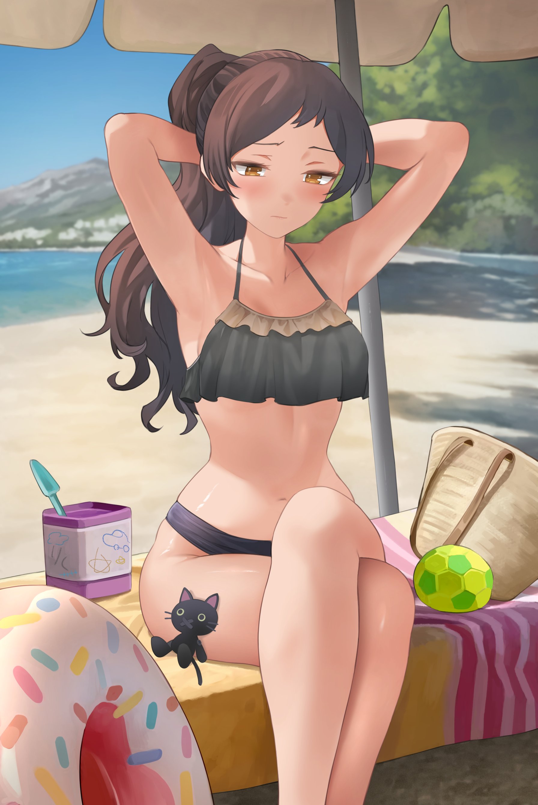 hanamasa ono, kitazawa shiho, idolmaster, idolmaster million live!, absurdres, highres, 1girl, arms behind head, arms up, bag, ball, beach, beach umbrella, bikini, black bikini, blush, breasts, brown eyes, brown hair, closed mouth, collarbone, crossed legs, day, innertube, long hair, looking down, navel, outdoors, ponytail, sitting, solo, stuffed animal, stuffed cat, stuffed toy, swim ring, swimsuit, umbrella