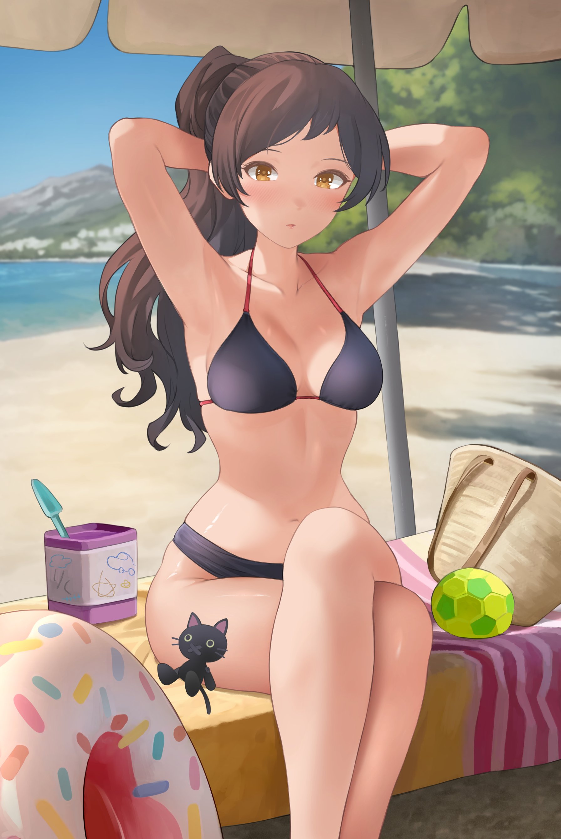 hanamasa ono, kitazawa shiho, idolmaster, idolmaster million live!, absurdres, highres, 1girl, arms behind head, arms up, bag, ball, beach, beach umbrella, bikini, black bikini, blush, breasts, brown eyes, brown hair, closed mouth, collarbone, crossed legs, day, innertube, long hair, looking at viewer, navel, outdoors, parted lips, ponytail, sitting, solo, stuffed animal, stuffed cat, stuffed toy, swim ring, swimsuit, umbrella