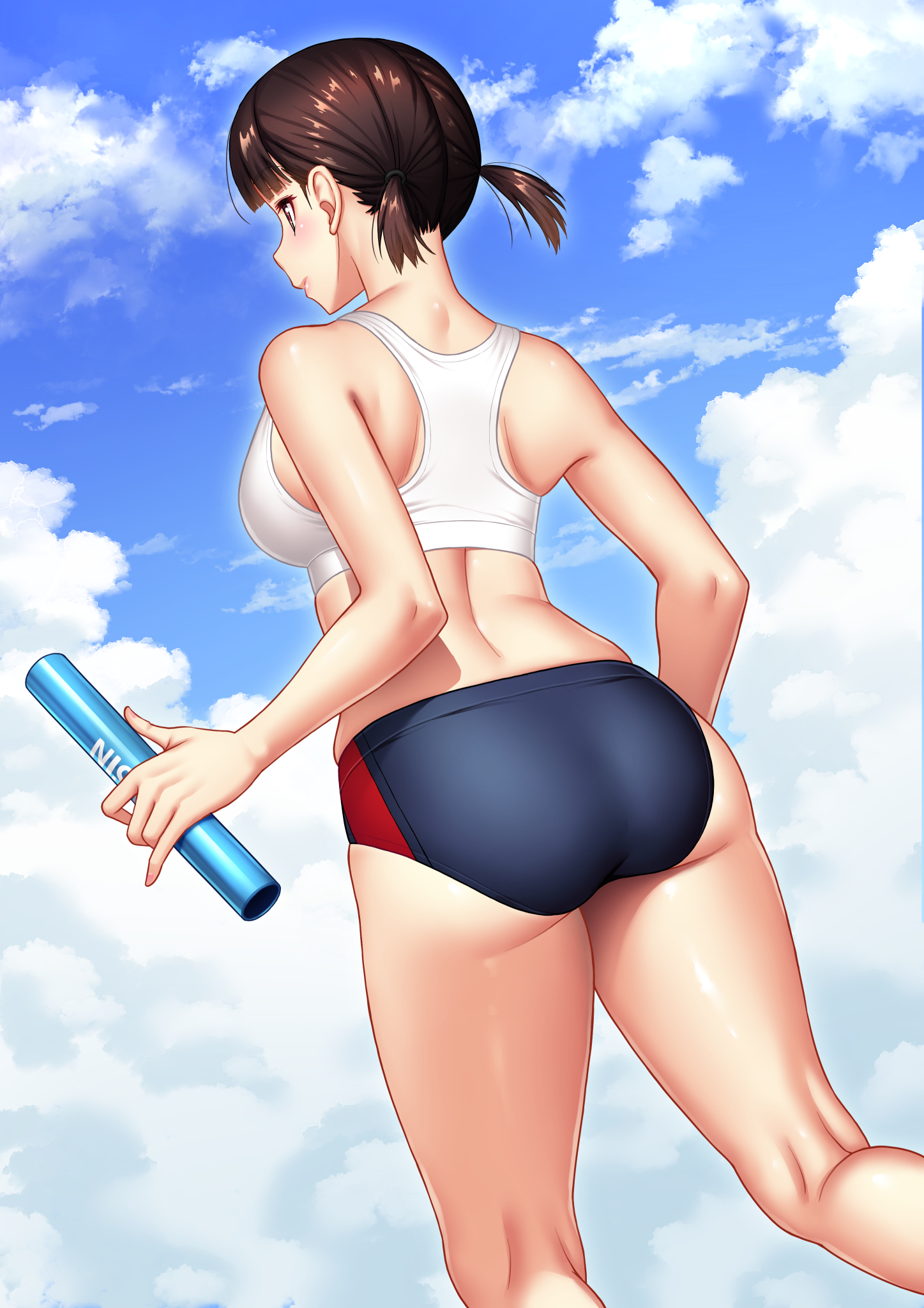 kuri (kurigohan), original, commentary request, highres, 1girl, ass, bare shoulders, black buruma, blue sky, blunt bangs, breasts, brown hair, buruma, closed mouth, cloud, day, from behind, holding baton, kneepits, large breasts, medium hair, midriff, relay baton, short twintails, sky, solo, sports bikini, sports bra, standing, twintails, white sports bra