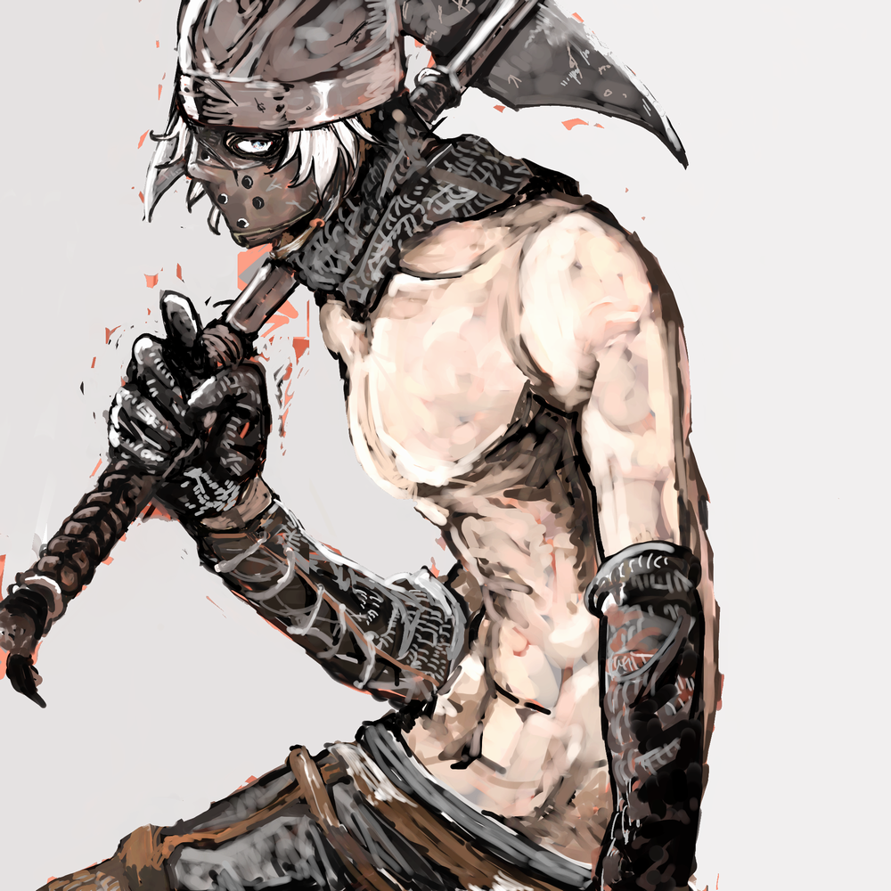 umeyama (toma23), creighton of mirrah, dark souls (series), dark souls ii, commentary request, 1boy, armor, axe, blue eyes, chainmail, gauntlets, grey background, helmet, holding, holding axe, holding weapon, looking at viewer, male focus, mask, masked, navel, pectorals, short hair, simple background, solo, toned, toned male, topless male, upper body, weapon, white hair