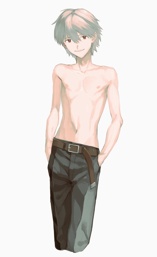 nagisa kaworu, neon genesis evangelion, commentary request, 1boy, belt, black pants, brown belt, collarbone, cropped legs, grey hair, hands in pockets, looking at viewer, male focus, navel, nipples, pants, red eyes, sekainovararisu, short hair, simple background, skinny, solo, topless male, white background