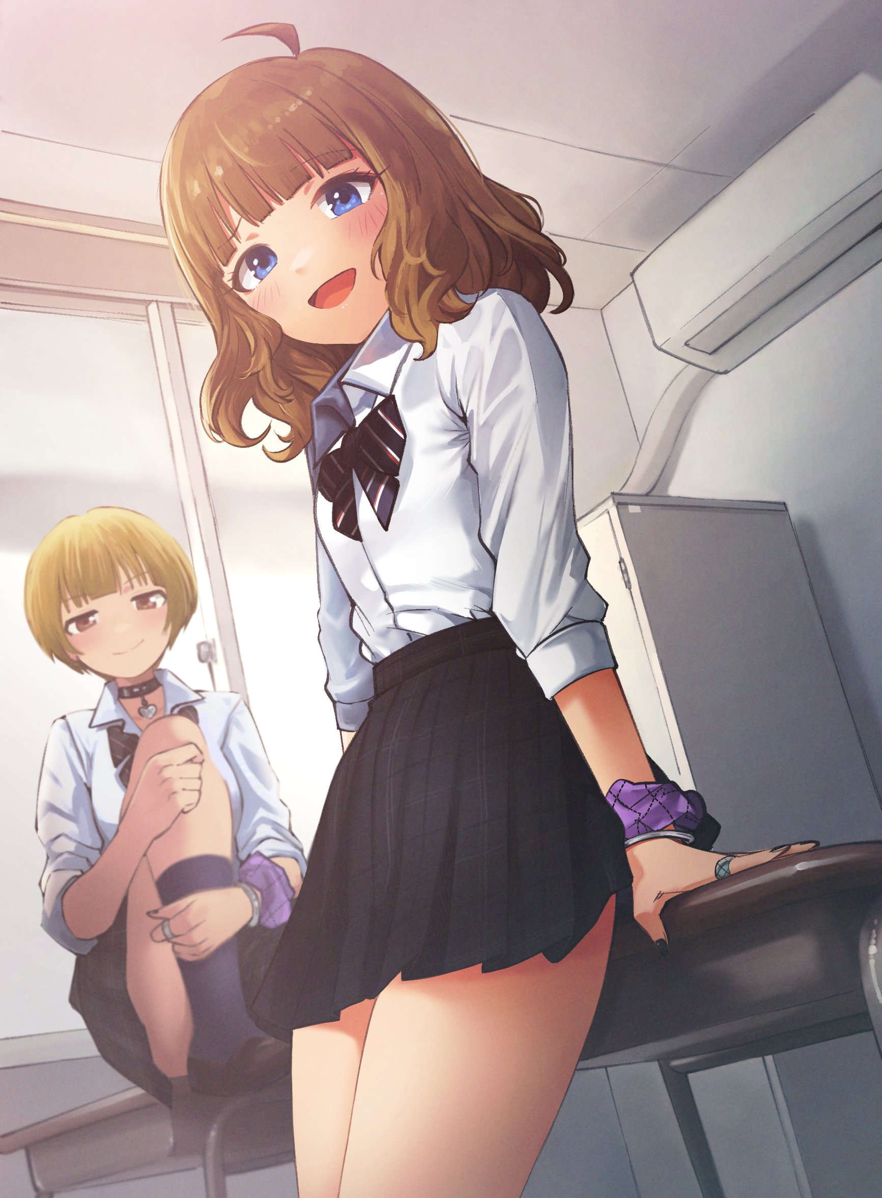 hanamasa ono, fukuda noriko, suou momoko, idolmaster, idolmaster million live!, idolmaster million live! theater days, highres, 2girls, ahoge, black bow, black bowtie, black choker, black nails, black skirt, blonde hair, blue eyes, bow, bowtie, bracelet, brown hair, choker, classroom, concept gyarus (idolmaster), day, desk, fingernails, from below, gyaru, heart, heart choker, indoors, jewelry, knee up, leaning on object, looking at viewer, medium hair, multiple girls, nail polish, official alternate costume, on desk, open mouth, pleated skirt, purple scrunchie, ring, school desk, school uniform, scrunchie, shirt, short hair, sitting, skirt, smile, striped bow, striped bowtie, striped clothes, white shirt, wrist scrunchie