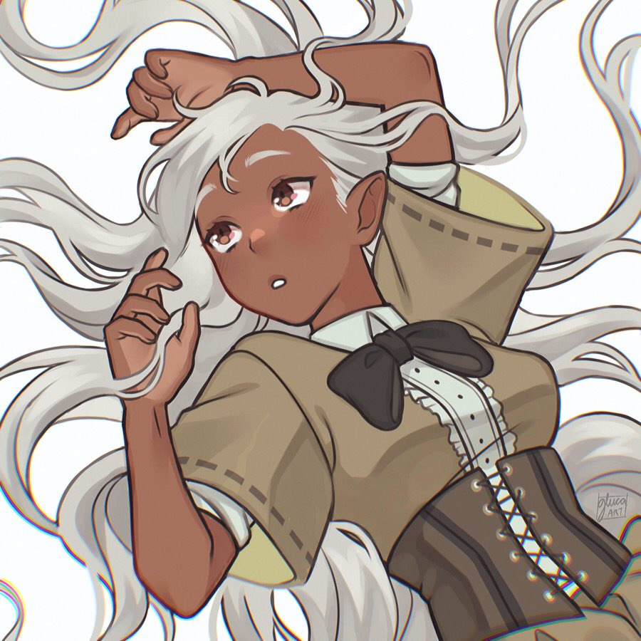 original, commentary, english commentary, 1girl, arm up, black bow, black bowtie, bow, bowtie, breasts, brown dress, chromatic aberration, corset, dark-skinned female, dark skin, dress, gluca, lying, medium breasts, on back, pointy ears, short sleeves, signature, solo, upper body