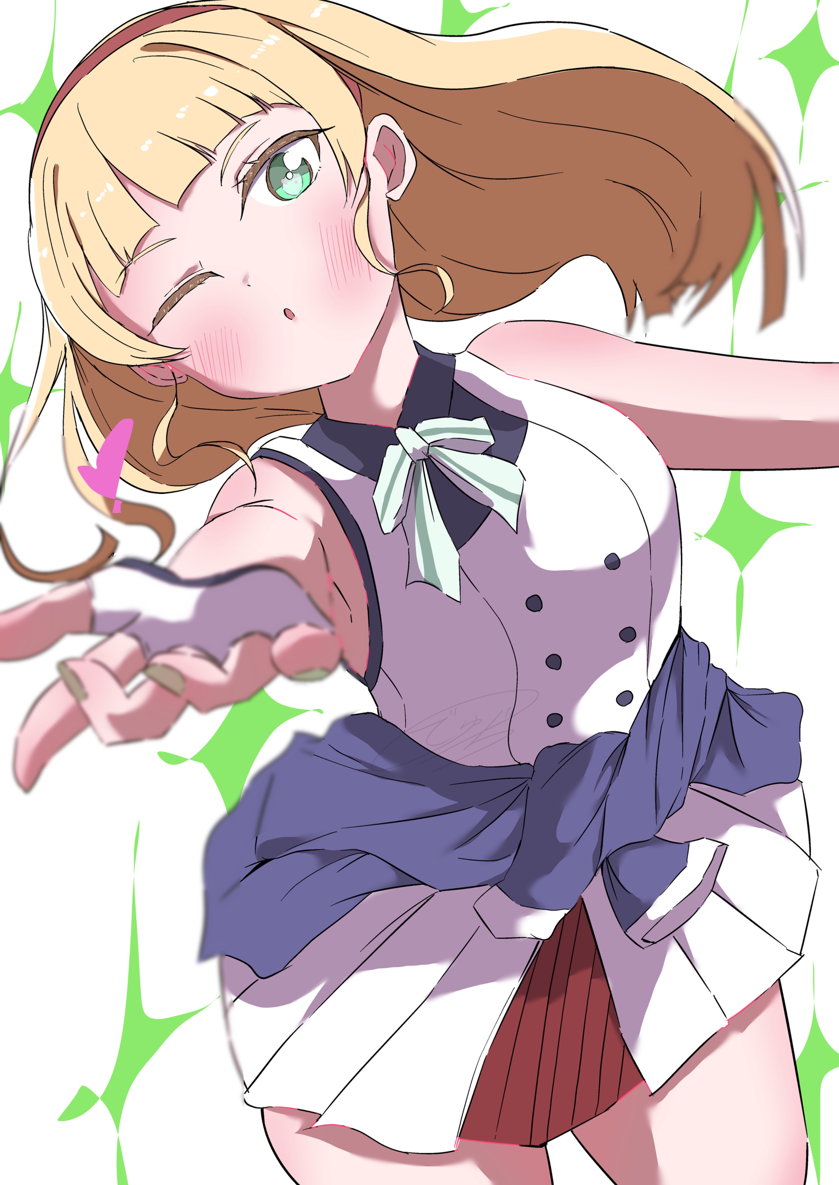 dhuno g, heanna sumire, love live!, love live! superstar!!, absurdres, commentary, costume request, hashtag-only commentary, highres, 1girl, ;o, blonde hair, blurry, blurry foreground, blush, breasts, clothes around waist, cowboy shot, depth of field, dress, foreshortening, gloves, green eyes, hairband, jacket, jacket around waist, long hair, looking at viewer, medium breasts, official alternate costume, one eye closed, pleated dress, red hairband, short dress, solo, sparkle background, white background, white dress, white gloves