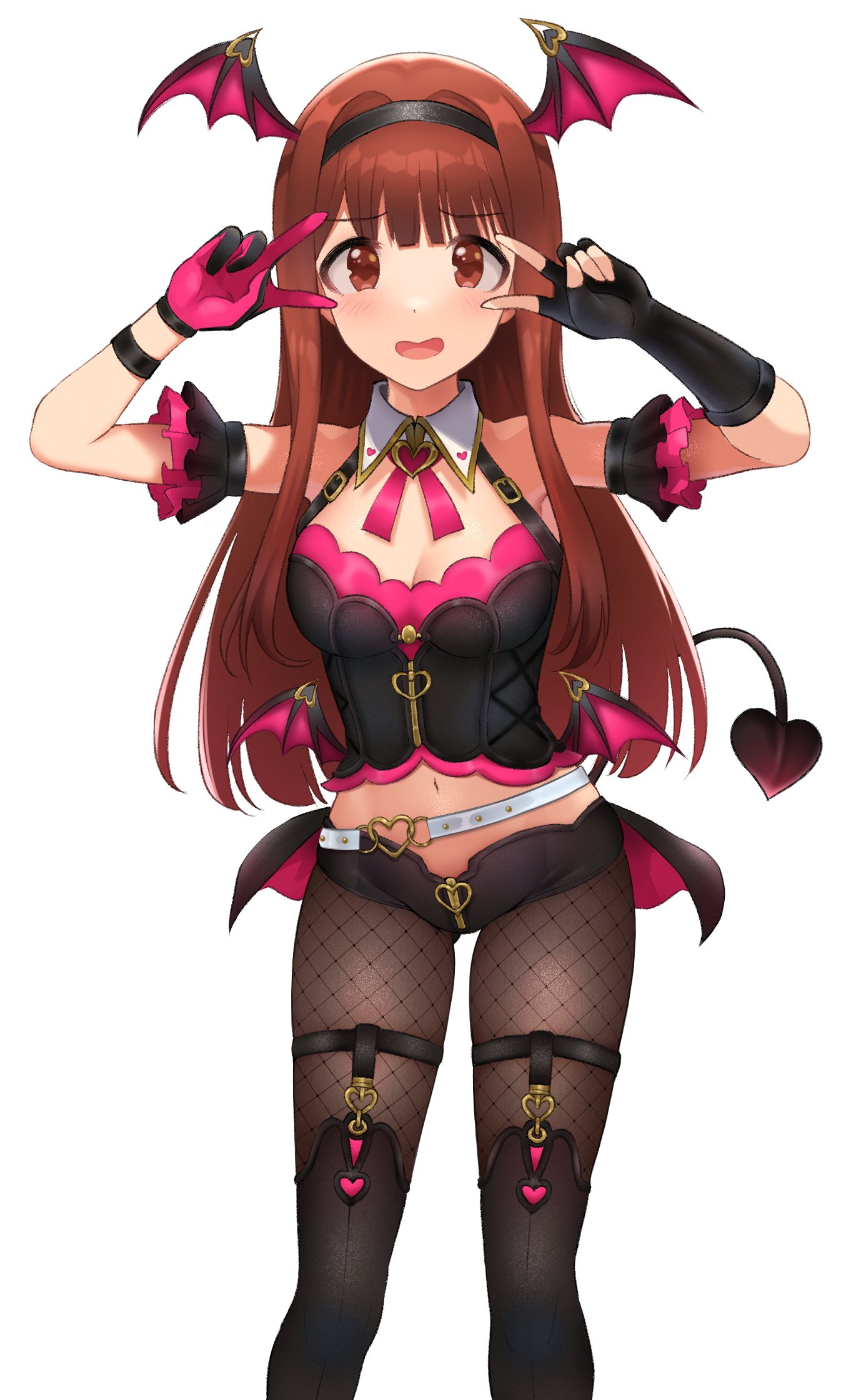 hanamasa ono, tanaka kotoha, idolmaster, idolmaster million live!, idolmaster million live! theater days, highres, 1girl, arms up, asymmetrical gloves, belt, black bustier, black gloves, black shorts, blush, breasts, brown eyes, brown hair, cleavage, demon tail, demon wings, double v, fingerless gloves, fishnet pantyhose, fishnets, gloves, head wings, long hair, low wings, midriff, mismatched gloves, monster! devil (idolmaster), navel, nervous smile, official alternate costume, open mouth, pantyhose, pink gloves, short shorts, shorts, simple background, smile, solo, standing, straight hair, tail, v, white background, white belt, wings