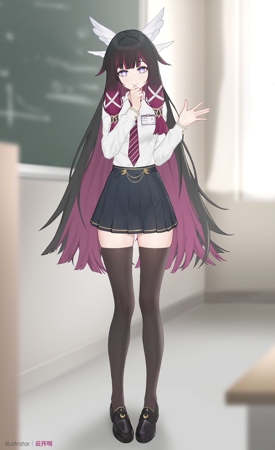yunkaiming, columbina (genshin impact), genshin impact, chinese commentary, commentary request, highres, paid reward available, 1girl, alternate costume, artist name, black hair, black shoes, black skirt, black thighhighs, blurry, blurry background, breasts, classroom, closed mouth, collared shirt, colored inner hair, gradient hair, hair ornament, hand on own chin, hand up, id card, indoors, long hair, long sleeves, looking at viewer, medium breasts, multicolored hair, necktie, purple eyes, purple hair, purple necktie, shirt, shirt tucked in, shoes, skirt, smile, solo, striped necktie, thighhighs, thighs, very long hair, waving, white shirt, wing hair ornament, zettai ryouiki