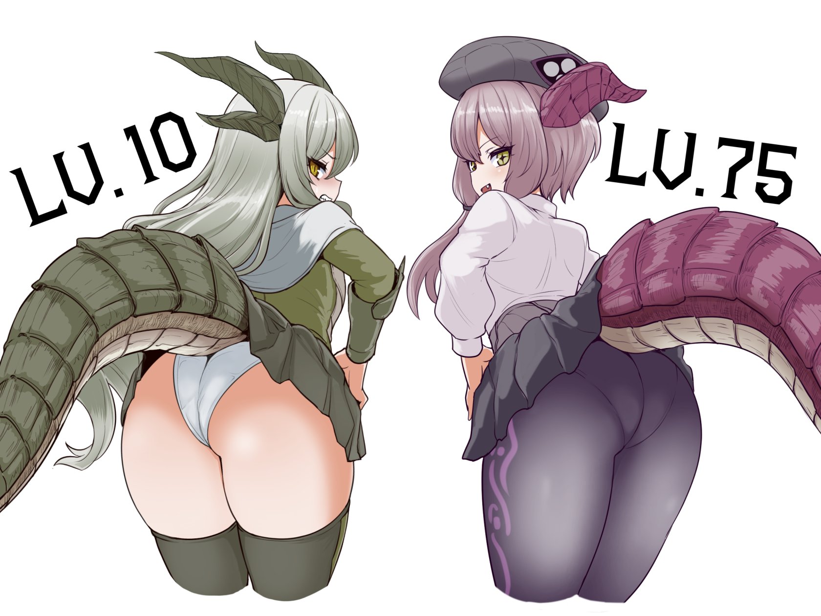 okamura (okamura086), the elder scrolls, the elder scrolls v: skyrim, commentary, highres, 2girls, armor, armored dress, ass, beret, black pantyhose, blush, capelet, dragon, dragon girl, dragon horns, dragon tail, dress, fang, from behind, green hair, green horns, green scales, green skirt, green tail, green thighhighs, green wings, hat, horns, legendary dragon, lesser dragon (skyrim), level difference, long hair, miniskirt, monster girl, multiple girls, multiple horns, pale skin, panties, panties under pantyhose, pantyhose, pantyshot, personification, purple hair, scowl, skirt, spikes, tail, thighhighs, twintails, underwear, upskirt, white panties, wings, yellow eyes