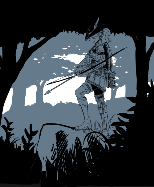 murai shinobu, dark souls (series), dark souls ii, commentary request, 1girl, arrow (projectile), boots, bow (weapon), bycocket, forest, full body, greyscale, hat over eyes, hat over one eye, holding, holding bow (weapon), holding weapon, manhunter o'harrah, monochrome, nature, outdoors, plume, quiver, shield, shield on back, solo, tunic, weapon