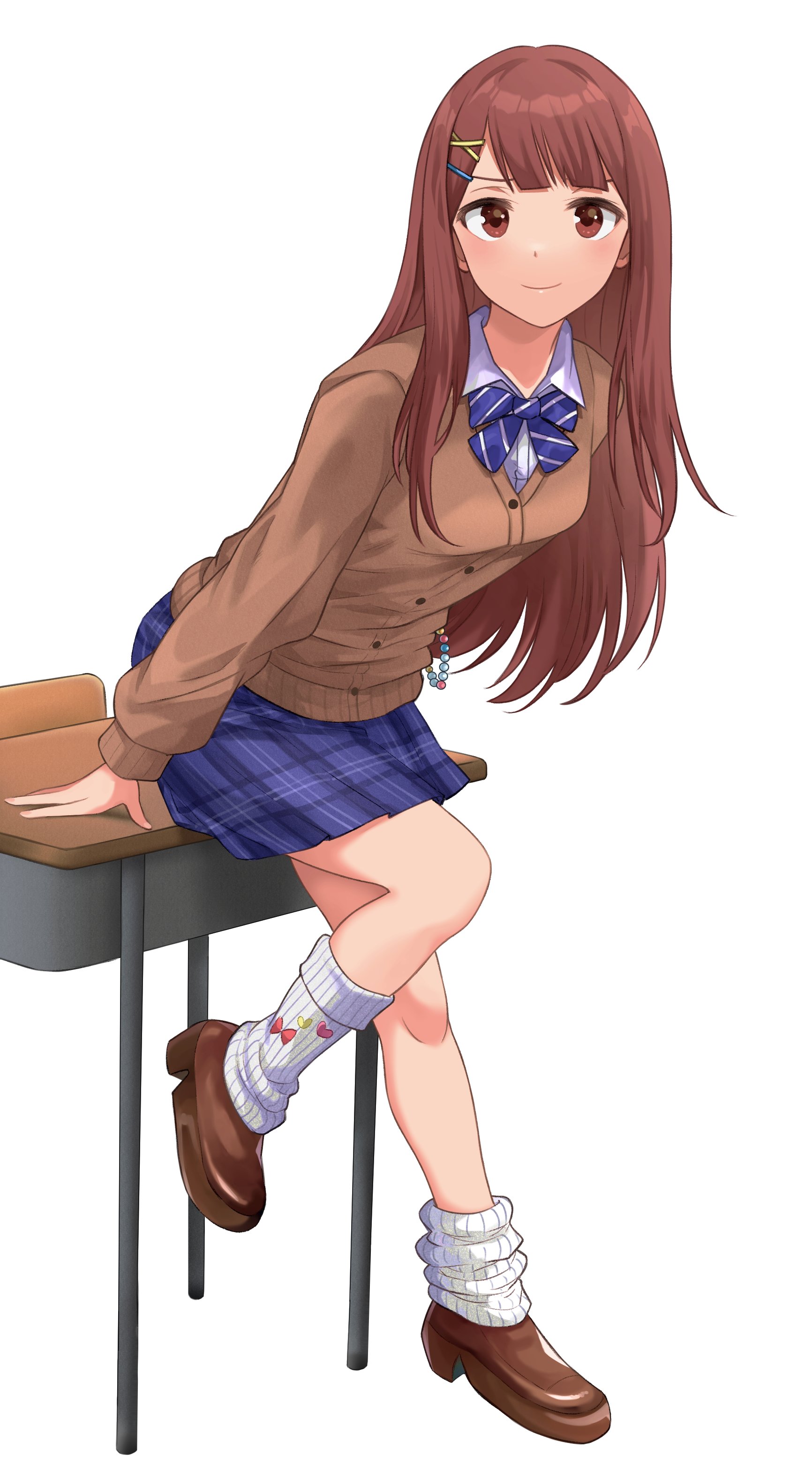 hanamasa ono, tanaka kotoha, idolmaster, idolmaster million live!, absurdres, highres, 1girl, blue bow, blue bowtie, blue skirt, bow, bowtie, brown cardigan, brown eyes, brown hair, brown shoes, cardigan, closed mouth, desk, full body, hair ornament, hairclip, leaning on object, long hair, long sleeves, looking at viewer, plaid clothes, plaid skirt, school desk, shoes, simple background, skirt, smile, socks, solo, standing, straight hair, striped bow, striped bowtie, striped clothes, white background, white socks, x hair ornament