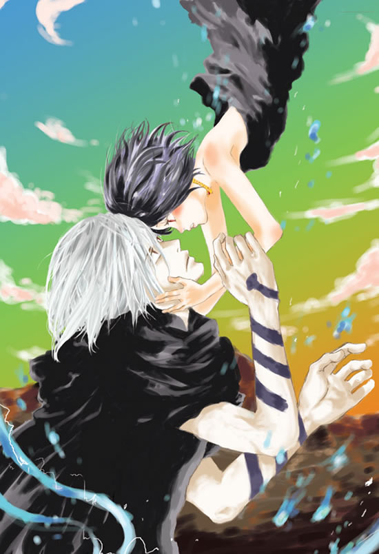 nobicco, kaminogi haruka, karasu (noein), noein, 00s, 1boy, 1girl, bare shoulders, collar, eye contact, falling, looking at another, sky