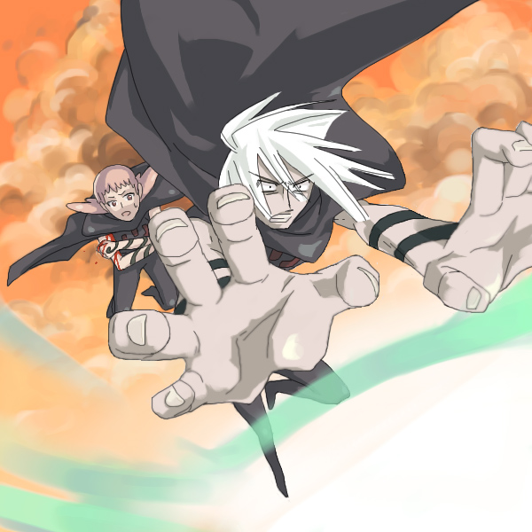 futaco, karasu (noein), kosagi, noein, silver hair, 00s, 1boy, 1girl, cape, falling, foreshortening, outstretched arms, pointy ears, spiked hair, surprised, wide-eyed