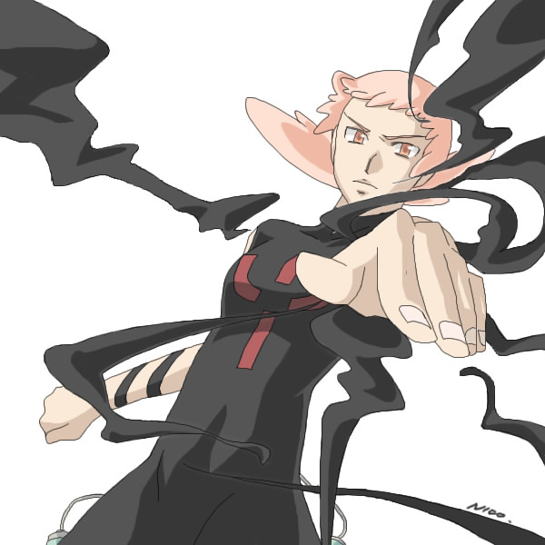 futaco, kosagi, noein, 00s, 1girl, androgynous, brown eyes, clenched hand, cowboy shot, female focus, fighting stance, long hair, looking at viewer, outstretched arm, pink hair, simple background, solo, standing, white background