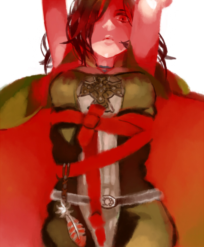 arasoi, emerald herald, dark souls (series), dark souls ii, commentary request, 1girl, arms up, belt, breasts, brown hair, cape, cowboy shot, dress, feathers, green dress, grey belt, hair over one eye, looking at viewer, medium breasts, medium hair, red cape, red eyes, simple background, solo, white background