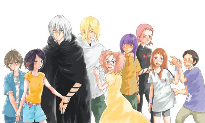 atori, nobicco, atori (noein), fujiwara isami, gotou yuu, hasebe ai, kaminogi haruka, karasu, karasu (noein), kosagi, mukai miho, tobi (noein), noein, bad id, bad pixiv id, 00s, 4boys, 5girls, blonde hair, everyone, glasses, holding hands, multiple boys, multiple girls, nurse