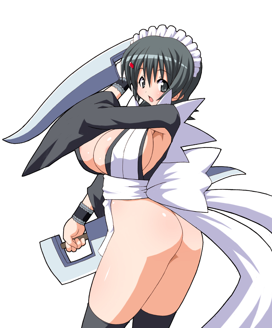 shishimaru ken'ya, iroha (samurai spirits), samurai spirits, 1girl, black hair, female focus, knife, maid, no panties, solo, weapon