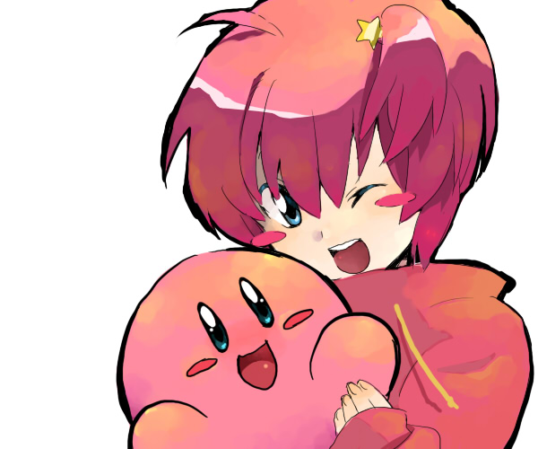 kirby, kirby (series), nintendo, 1girl, ahoge, blue eyes, blush, female focus, hair ornament, one eye closed, personification, pink hair, short hair, smile, solo, wink