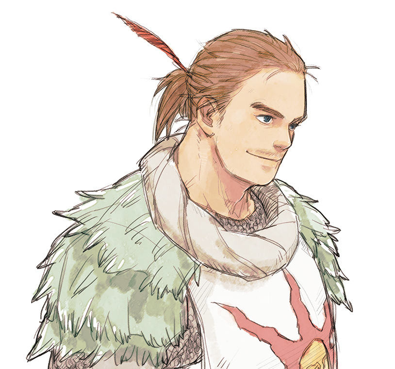 y (chos), solaire of astora, dark souls (series), dark souls i, commentary request, 1boy, blue eyes, brown hair, closed mouth, looking afar, male focus, no headwear, plume, ponytail, short hair, short ponytail, simple background, smile, solo, sun print, tunic, upper body, white background, white tunic