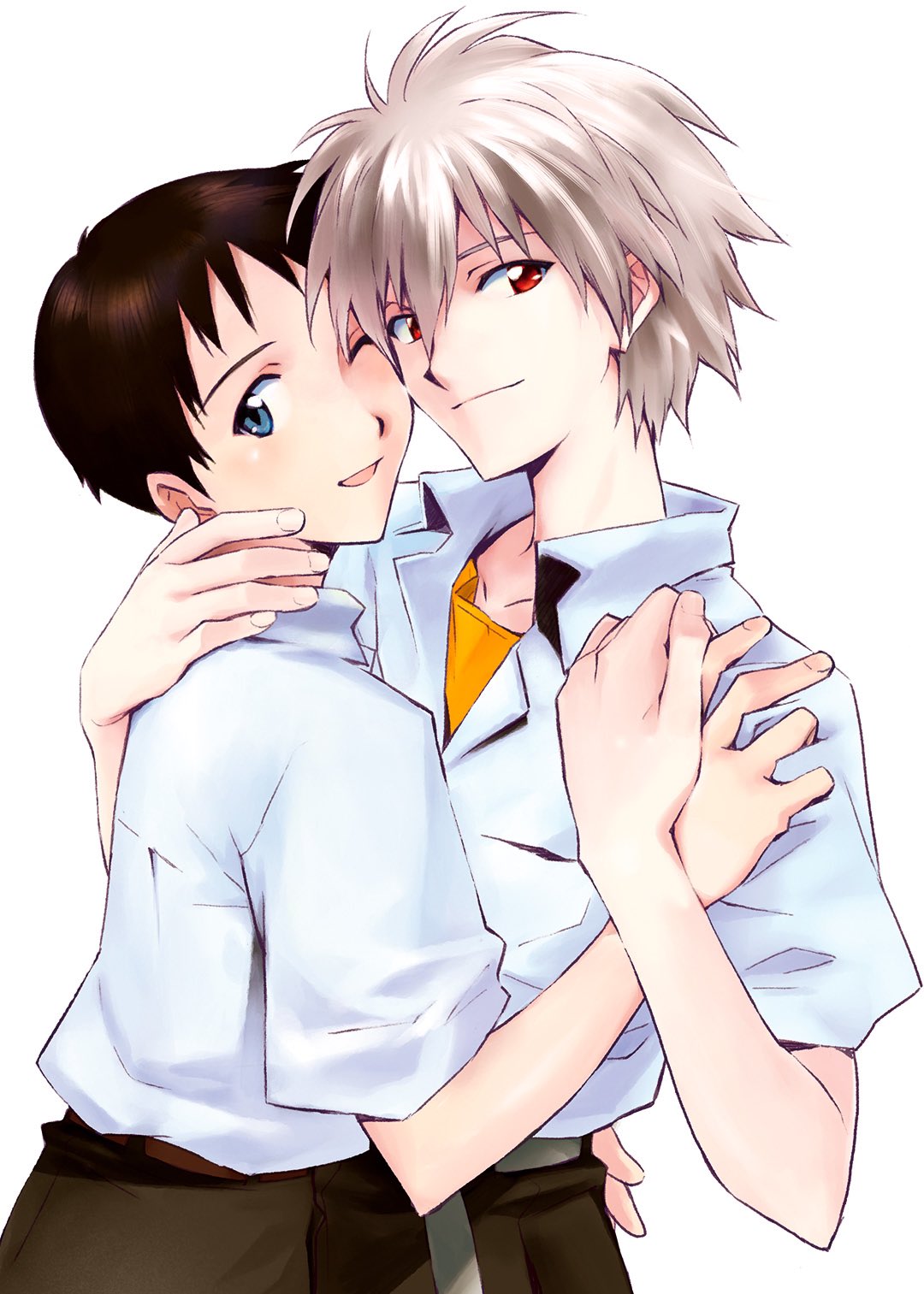 magari kouji, ikari shinji, nagisa kaworu, neon genesis evangelion, highres, 2boys, belt, black hair, blue eyes, closed mouth, collared shirt, grey belt, grey hair, hug, looking at viewer, male focus, multiple boys, one eye closed, orange shirt, red eyes, shirt, shirt tucked in, short hair, short sleeves, simple background, white background, white shirt, yaoi