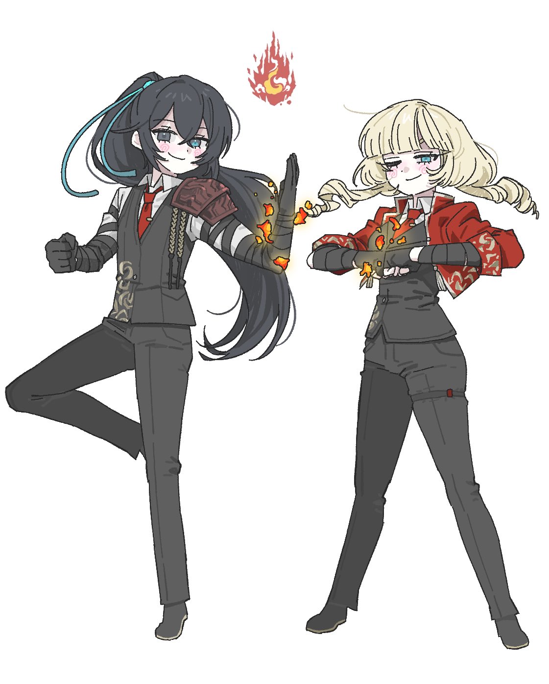 w5, hong lu (project moon), limbus company, project moon, highres, 1boy, 1girl, armor, black eyes, black gloves, black hair, black pants, black vest, blonde hair, blue eyes, blue ribbon, closed mouth, collared shirt, drill hair, fingerless gloves, full body, gloves, hair ribbon, hamlet (w5), heterochromia, high ponytail, jacket, liu association south uniform, long hair, long sleeves, looking at viewer, necktie, one eye closed, pants, ponytail, red jacket, red necktie, ribbon, shirt, shoulder armor, simple background, standing, vest, white background, white shirt