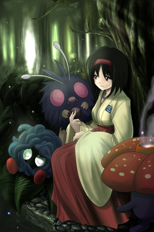 erika (pokemon), tangela, venonat, vileplume, nintendo, pokemon, pokemon frlg, 00s, 1girl, black hair, brown eyes, forest, gen 1 pokemon, gym leader, hairband, hakama, hakama skirt, japanese clothes, nature, pokemon (creature), red hakama, short hair, skirt