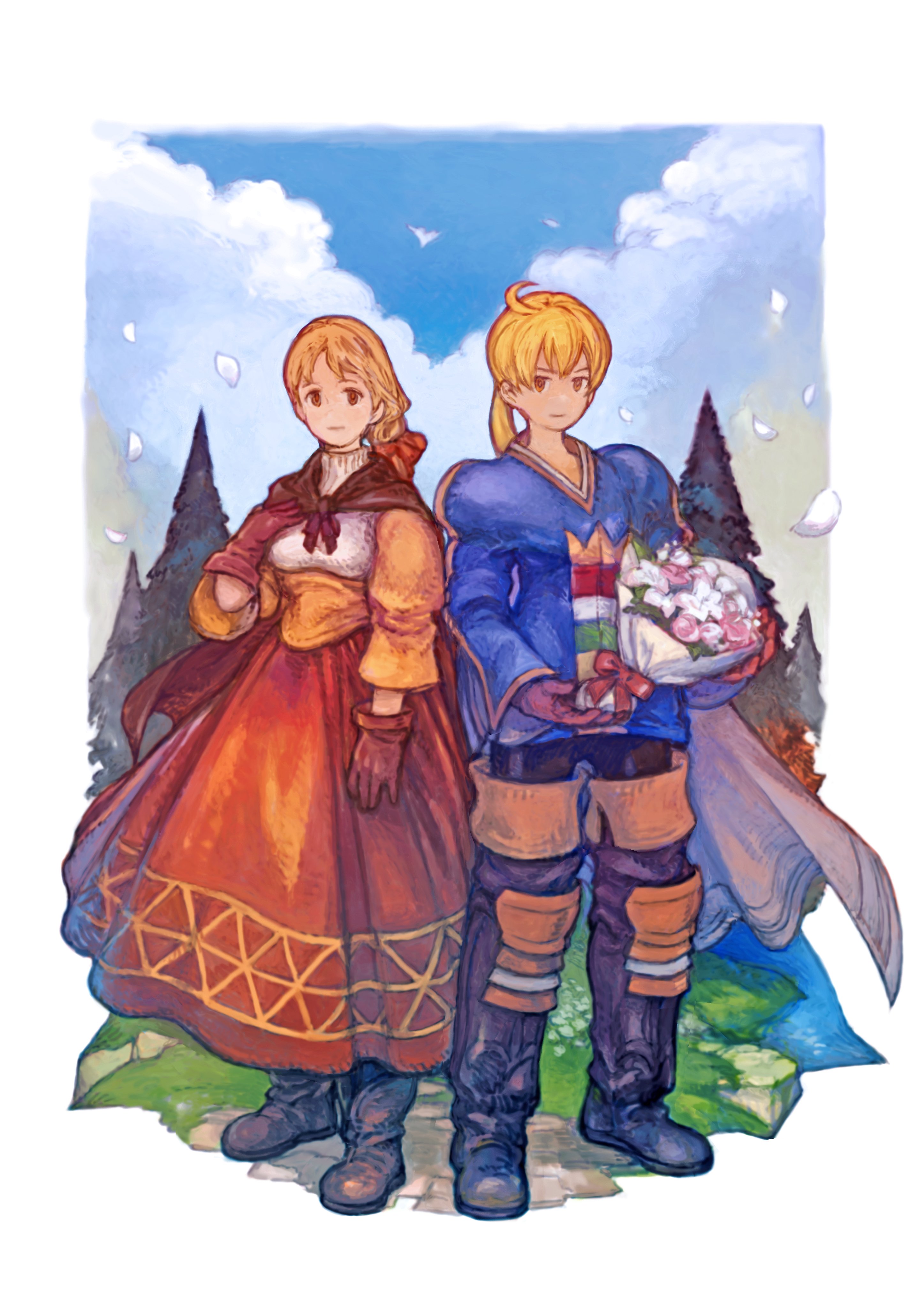 alma beoulve, ramza beoulve, final fantasy, final fantasy tactics, absurdres, artist request, commentary request, highres, official art, 1boy, 1girl, ahoge, blonde hair, boots, bouquet, brother and sister, brown boots, brown cape, brown gloves, cape, cloud, flower, gloves, grey cape, hand on own chest, holding, holding bouquet, long hair, looking at viewer, orange eyes, ponytail, siblings, smile, white petals