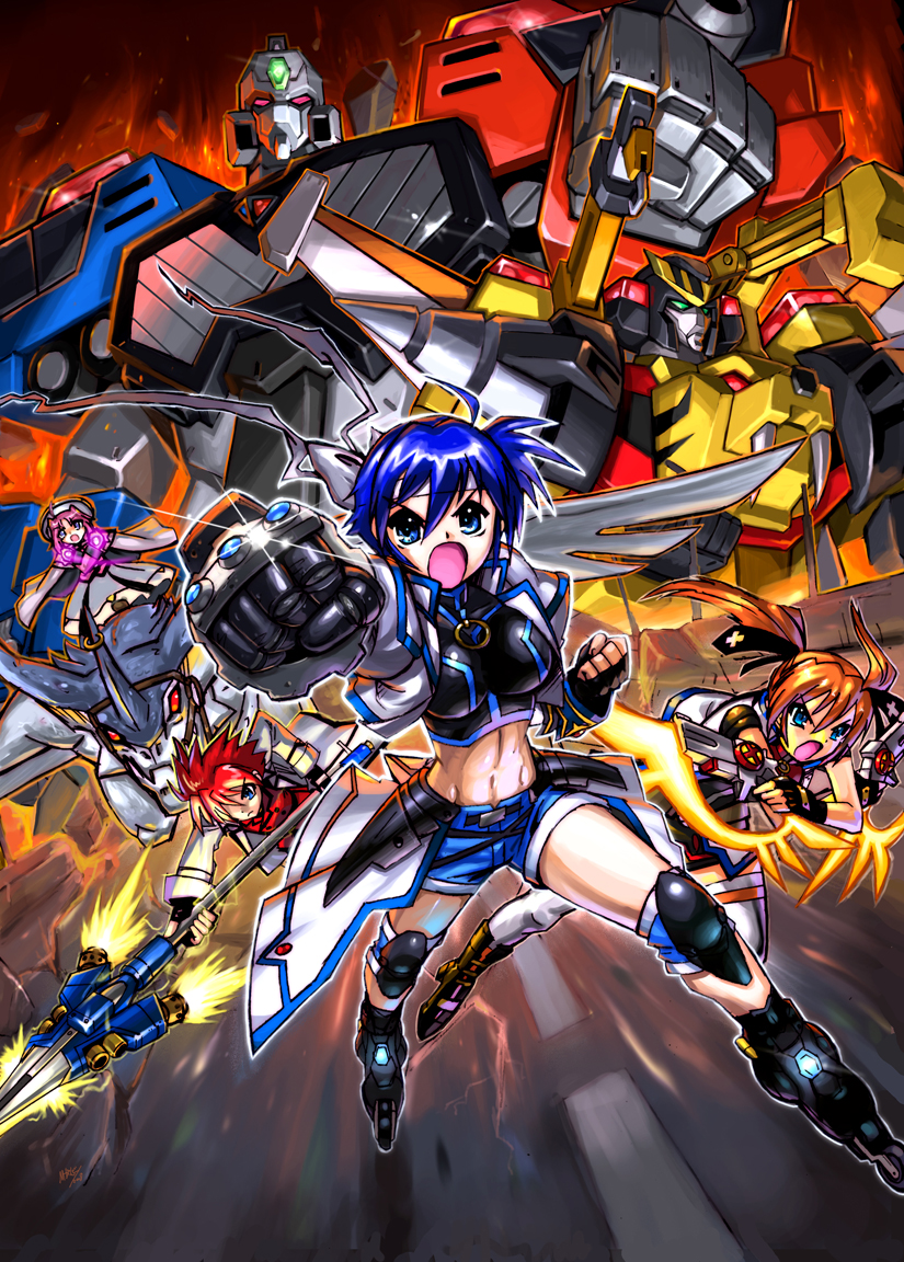 m ganzy, caro ru lushe, choryujin, erio mondial, revolver knuckle, subaru nakajima, super build tiger, teana lanster, lyrical nanoha, mahou shoujo lyrical nanoha, mahou shoujo lyrical nanoha strikers, yuusha keisatsu j-decker, yuusha ou gaogaigar, yuusha series, 00s, 1990s (style), inline skates, mecha, midriff, retro artstyle, robot, roller skates, skates