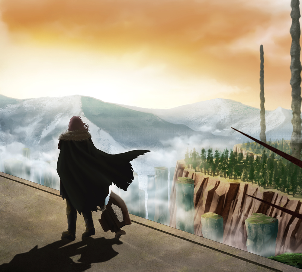bearer of the curse, dark souls (series), dark souls ii, commentary request, 1girl, axe, black cape, brown hair, cape, cliff, cloud, day, forest, from behind, full body, fur collar, holding, holding axe, in-universe location, mountain, mountainous horizon, nature, orange sky, outdoors, pillar, rolling nekoyanagi, short hair, sky, solo, standing, tree