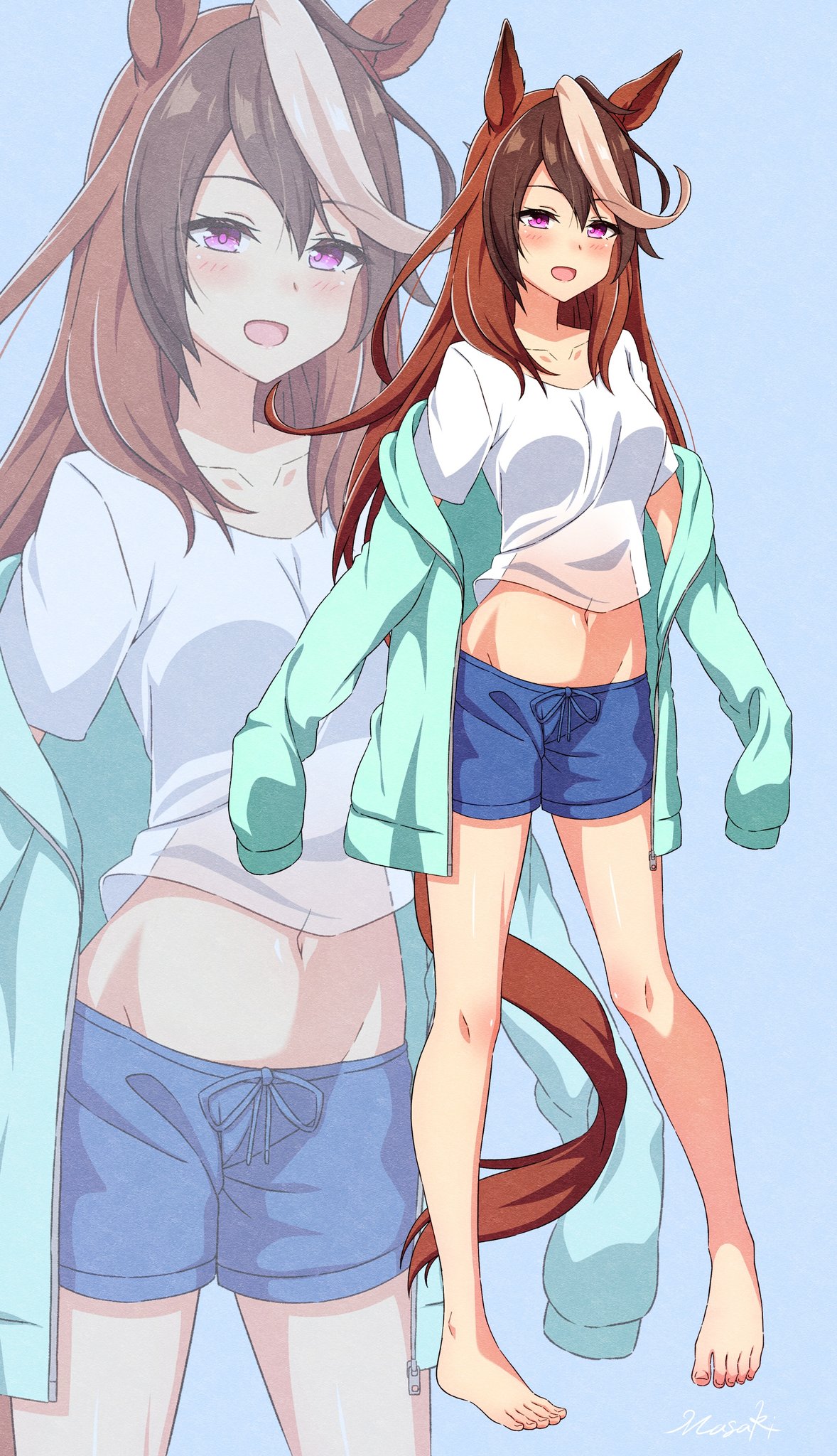masaki (masaki 470), symboli rudolf (umamusume), umamusume, highres, 1girl, alternate costume, animal ears, brown hair, brown tail, horse ears, horse girl, horse tail, multicolored hair, navel, open mouth, purple eyes, solo, streaked hair, tail