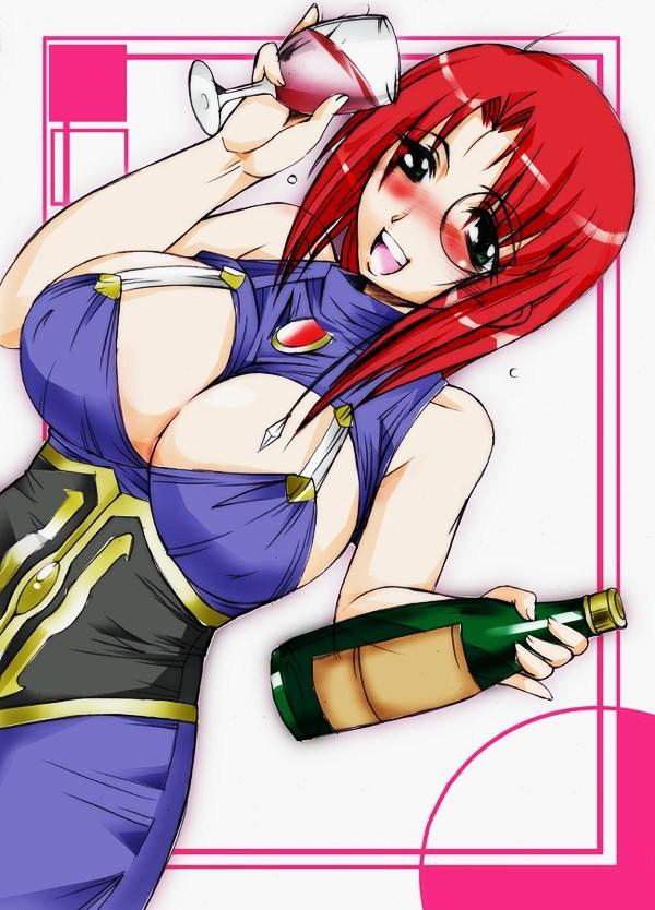 forte stollen, broccoli (company), galaxy angel, jpeg artifacts, 00s, 1girl, alcohol, blush, bottle, breasts, cleavage, cleavage cutout, clothing cutout, drunk, dutch angle, female focus, green eyes, huge breasts, large breasts, looking at viewer, monocle, monocle chain, open mouth, red hair, smile, solo, wine
