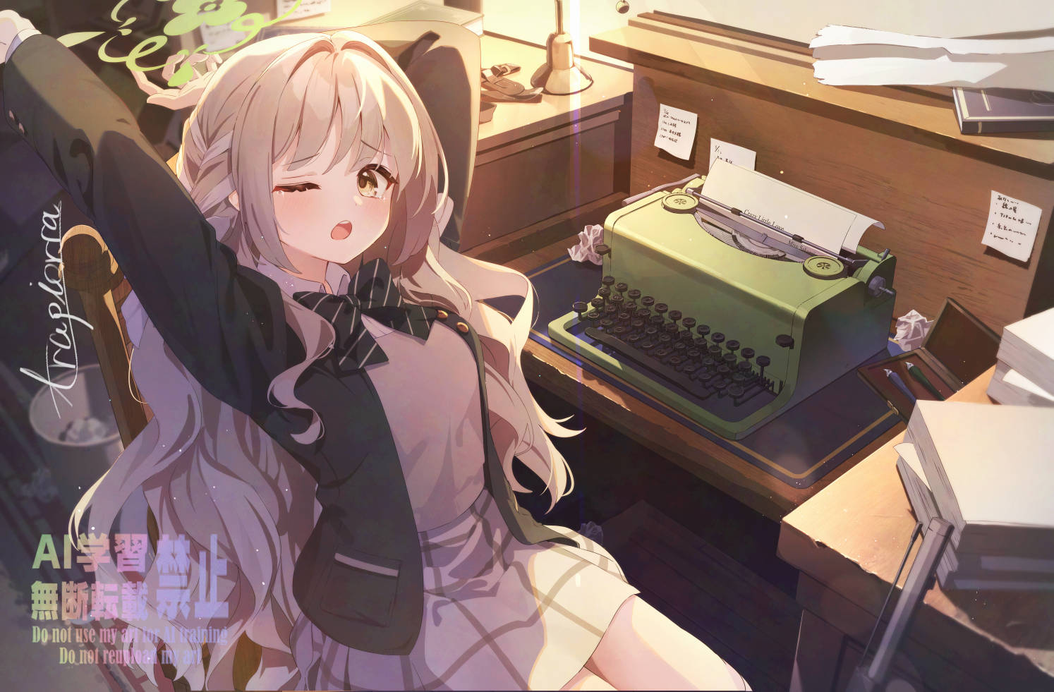 hamanashi (trapiorra), miyo (blue archive), blue archive, 1girl, arm behind head, arm up, artist name, bow, bowtie, brown hair, chair, green bow, green bowtie, green jacket, grey skirt, halo, indoors, jacket, long hair, long sleeves, on chair, one eye closed, open clothes, open jacket, open mouth, school uniform, signature, sitting, skirt, sleepy, solo, stretching, tearing up, very long hair, yellow eyes