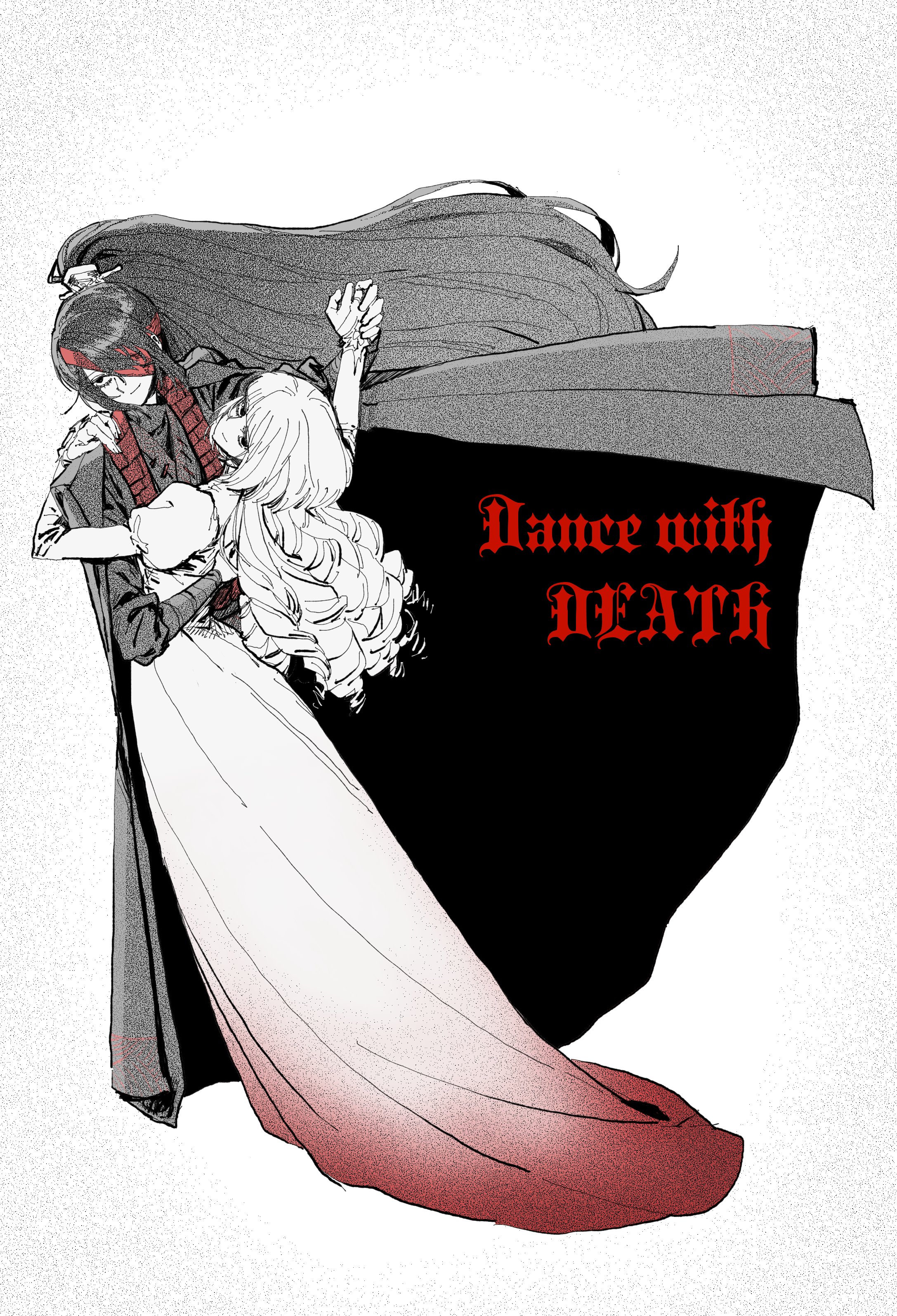 w5, hong lu (project moon), limbus company, project moon, absurdres, highres, 1boy, 1girl, bandage over one eye, black eyes, black hair, black hanfu, chinese clothes, dancing, dress, drill hair, family hierarch candidate (identity) (project moon), full body, hamlet (w5), hanfu, high ponytail, holding hands, long hair, looking at viewer, partially colored, ponytail, simple background, standing, stole, white background, white dress