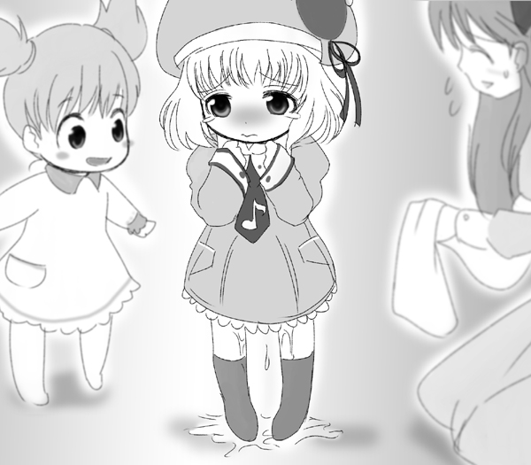 onakkey, amatsuka haruka, amatsuka sakura, amatsuka sora, baby princess, 10s, 3girls, beret, blush, dress, greyscale, hat, loli, monochrome, multiple girls, musical note, necktie, pee, peeing, quaver, sad, short hair, short twintails, socks, tears, twintails