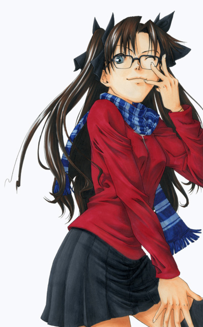 kohuseigetsu, tohsaka rin, fate/stay night, fate (series), traditional media, 00s, 1girl, bespectacled, blue scarf, bow, brown hair, female focus, glasses, green eyes, hair bow, long hair, one eye closed, scarf, skirt, solo, striped clothes, striped scarf, thighhighs, turtleneck, twintails, two side up
