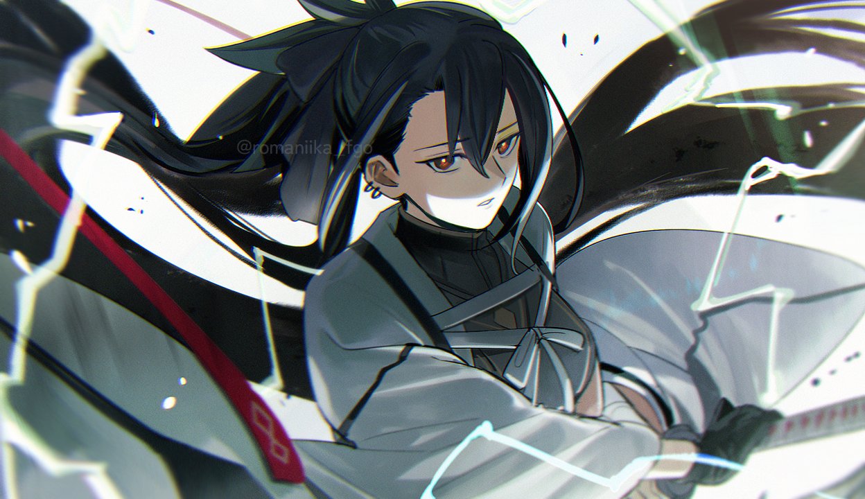 aki (neyuki41028), kawakami gensai (fate), fate/grand order, fate (series), 1girl, black eyes, black hair, expressionless, holding, holding sword, holding weapon, japanese clothes, long hair, looking at viewer, parted lips, ponytail, solo, sword, twitter username, weapon, white hair