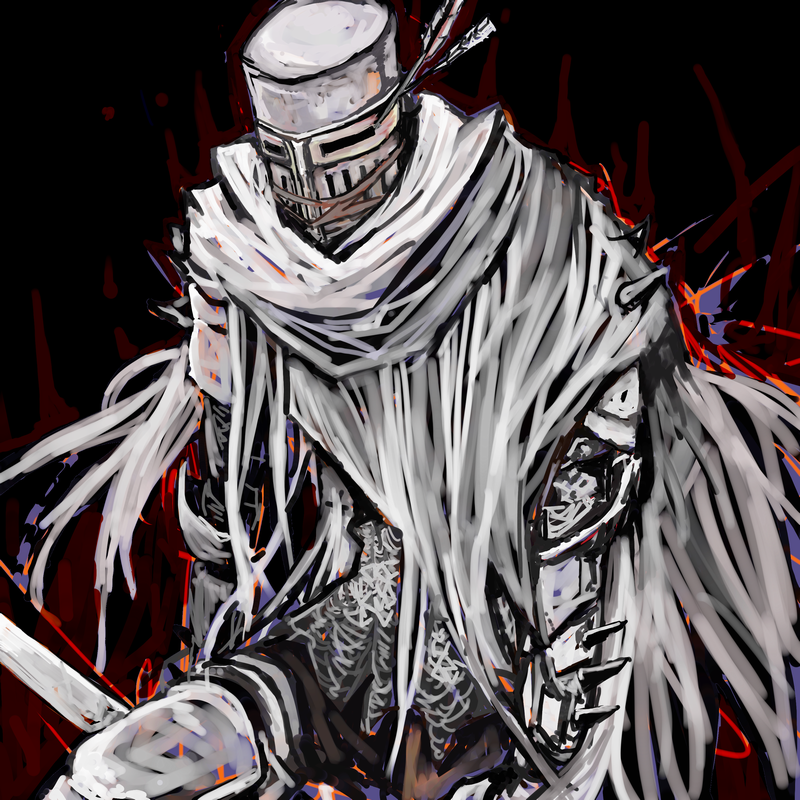 umeyama (toma23), heide knight, dark souls (series), dark souls ii, commentary request, 1boy, armor, arrow (projectile), arrow in body, arrow in head, aura, black background, cape, chainmail, cowboy shot, gauntlets, helm, helmet, holding, holding sword, holding weapon, knight, male focus, object through head, solo, spiked gauntlets, sword, weapon, white cape