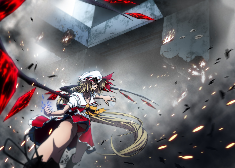 imizu (nitro unknown), flandre scarlet, touhou, 1girl, action, blonde hair, bow, building, female focus, fingernails, hair bow, hat, long hair, panties, pantyshot, red eyes, ribbon, smile, solo, underwear, wings