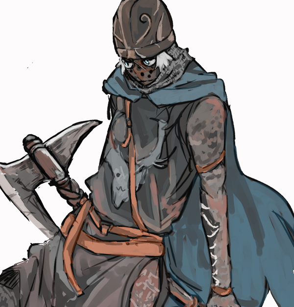 umeyama (toma23), creighton of mirrah, dark souls (series), dark souls ii, commentary request, 1boy, armor, axe, blue cape, blue eyes, cape, chainmail, cowboy shot, grey tunic, helmet, holding, holding axe, looking afar, male focus, short hair, simple background, solo, tunic, white background, white hair