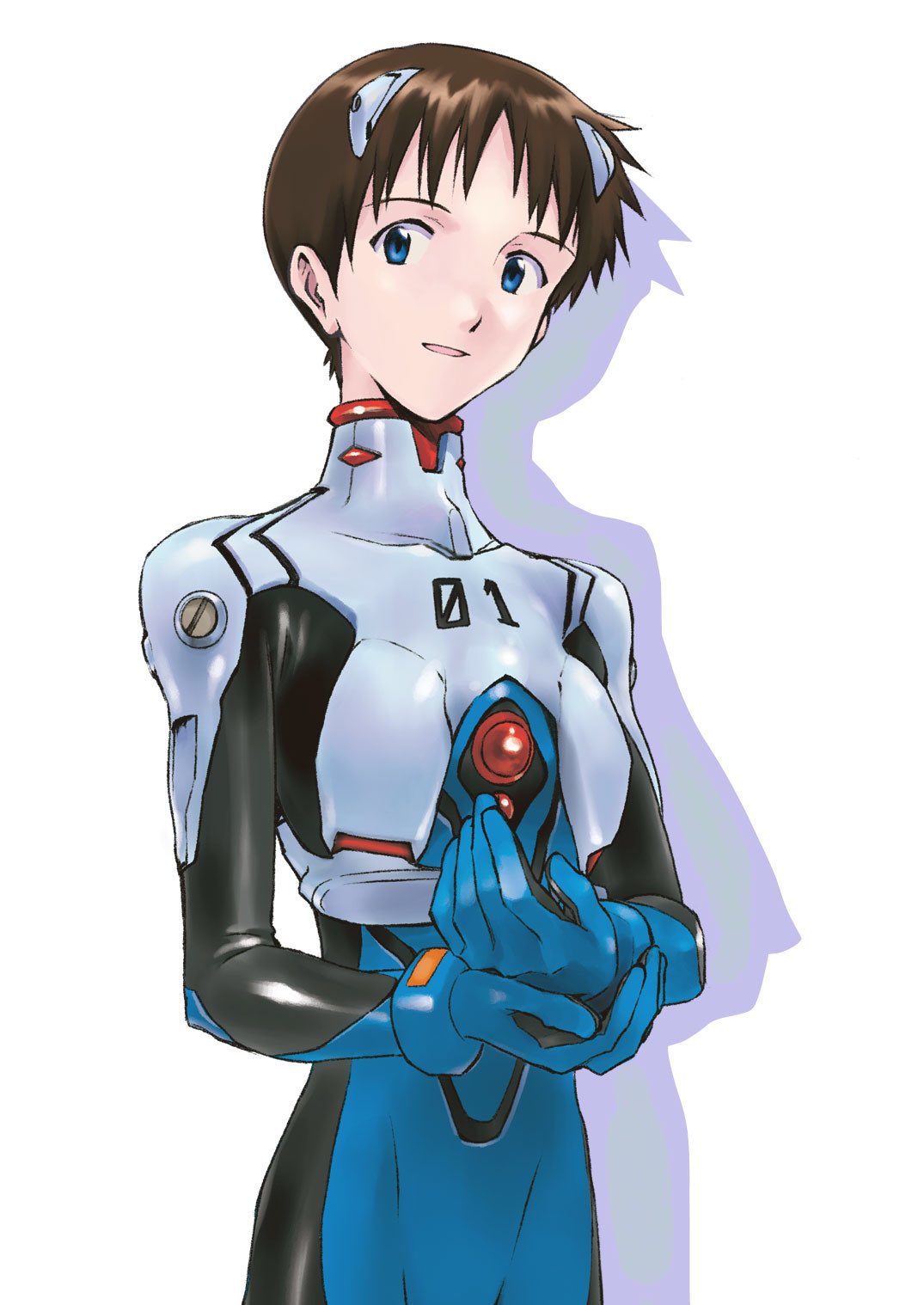 magari kouji, ikari shinji, neon genesis evangelion, commentary request, highres, 1boy, blue eyes, brown hair, interface headset (evangelion), looking at viewer, male focus, mecha pilot suit, plugsuit (evangelion), short hair, simple background, skinny, solo, upper body, white background