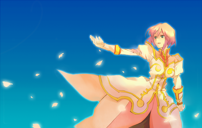 estellise sidos heurassein, tales of (series), tales of vesperia, 00s, 1girl, blue background, dress, female focus, gloves, gradient background, green eyes, outline, petals, pink hair, short hair, simple background, solo